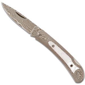 Santa Fe Stoneworks Damascus Steel Frame Pocket Knife with Mother of Pearl Inlay